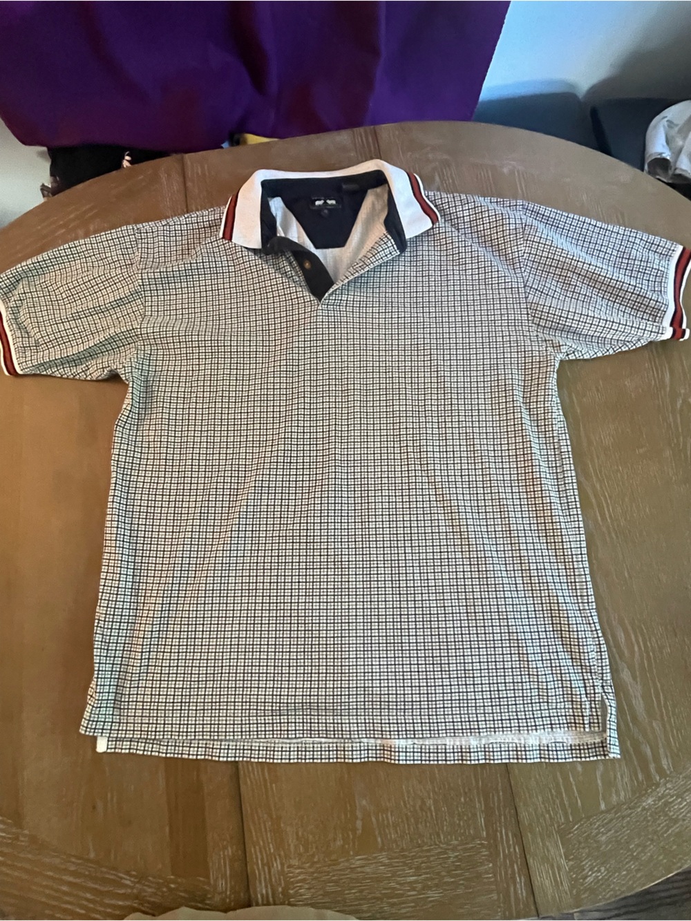 Men's Checked Polo Shirt in White and Navy with Red Trim
